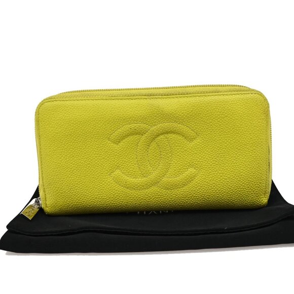 CHANEL CC Logo Zip Around Long Wallet Grained Calfskin Leather Yellow 37KA813 - Picture 1 of 16